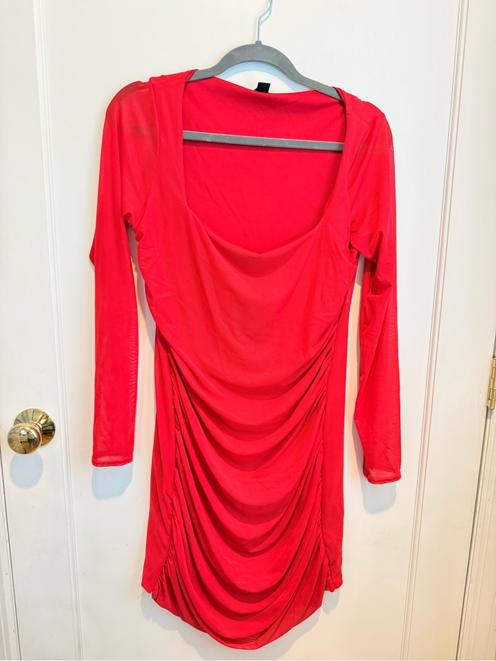 Boohoo Bright Red Long Sleeve Ruched Mini Dress